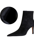 Simple and sexy thin banquet Women's boots thin heel pointed pointed black denim cloth surface short boots