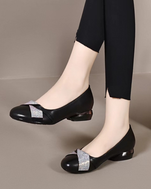 Round -headed light -mouth single shoes women's shoes early autumn head layer cowhide rhinestone flat shoes comfortable low heels