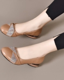 Round -headed light -mouth single shoes women's shoes early autumn head layer cowhide rhinestone flat shoes comfortable low heels