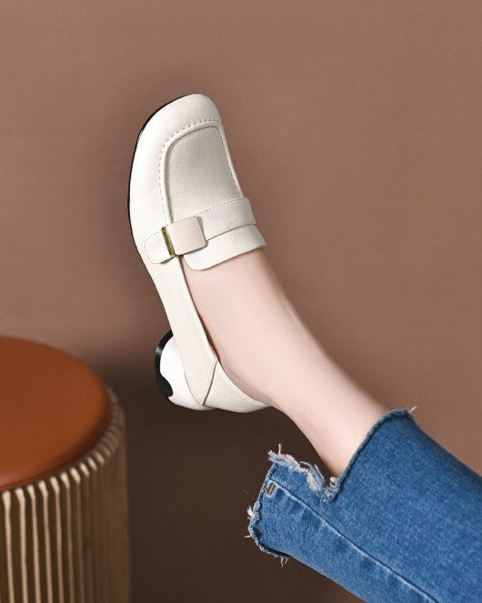 Fangtou shoes spring and summer header leather temperament low heel buckle two small leather shoes women's single shoes