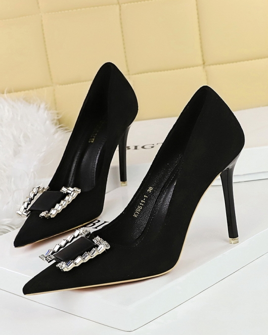 Banquet high -heeled heel Wind Women's Shoes Women's Shoes Skill Beeper metal rhinestone buckle single shoe women