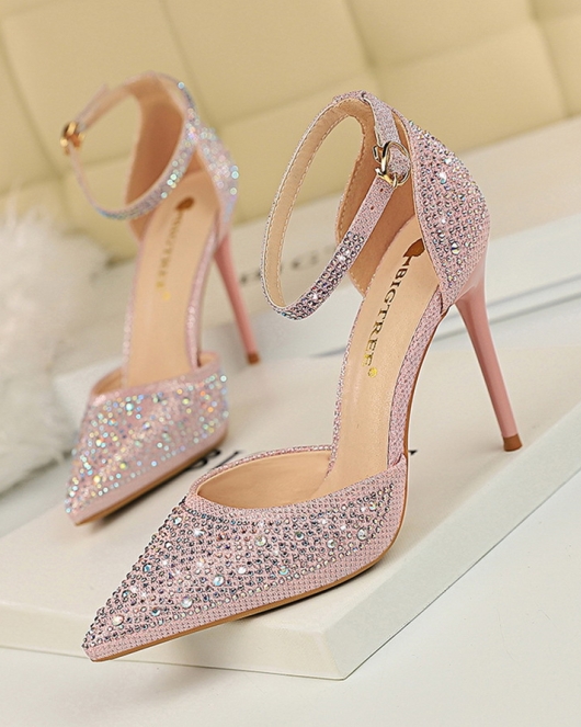 Sweet high -heeled shoe fine heels high heel pointed pointed pointed hollowed out a shiny rhinestone women's sandals