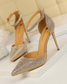 Sweet high -heeled shoe fine heels high heel pointed pointed pointed hollowed out a shiny rhinestone women's sandals