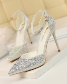 Sweet high -heeled shoe fine heels high heel pointed pointed pointed hollowed out a shiny rhinestone women's sandals