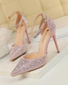 Sweet high -heeled shoe fine heels high heel pointed pointed pointed hollowed out a shiny rhinestone women's sandals