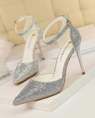 Sweet high -heeled shoe fine heels high heel pointed pointed pointed hollowed out a shiny rhinestone women's sandals