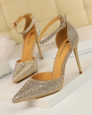 Sweet high -heeled shoe fine heels high heel pointed pointed pointed hollowed out a shiny rhinestone women's sandals